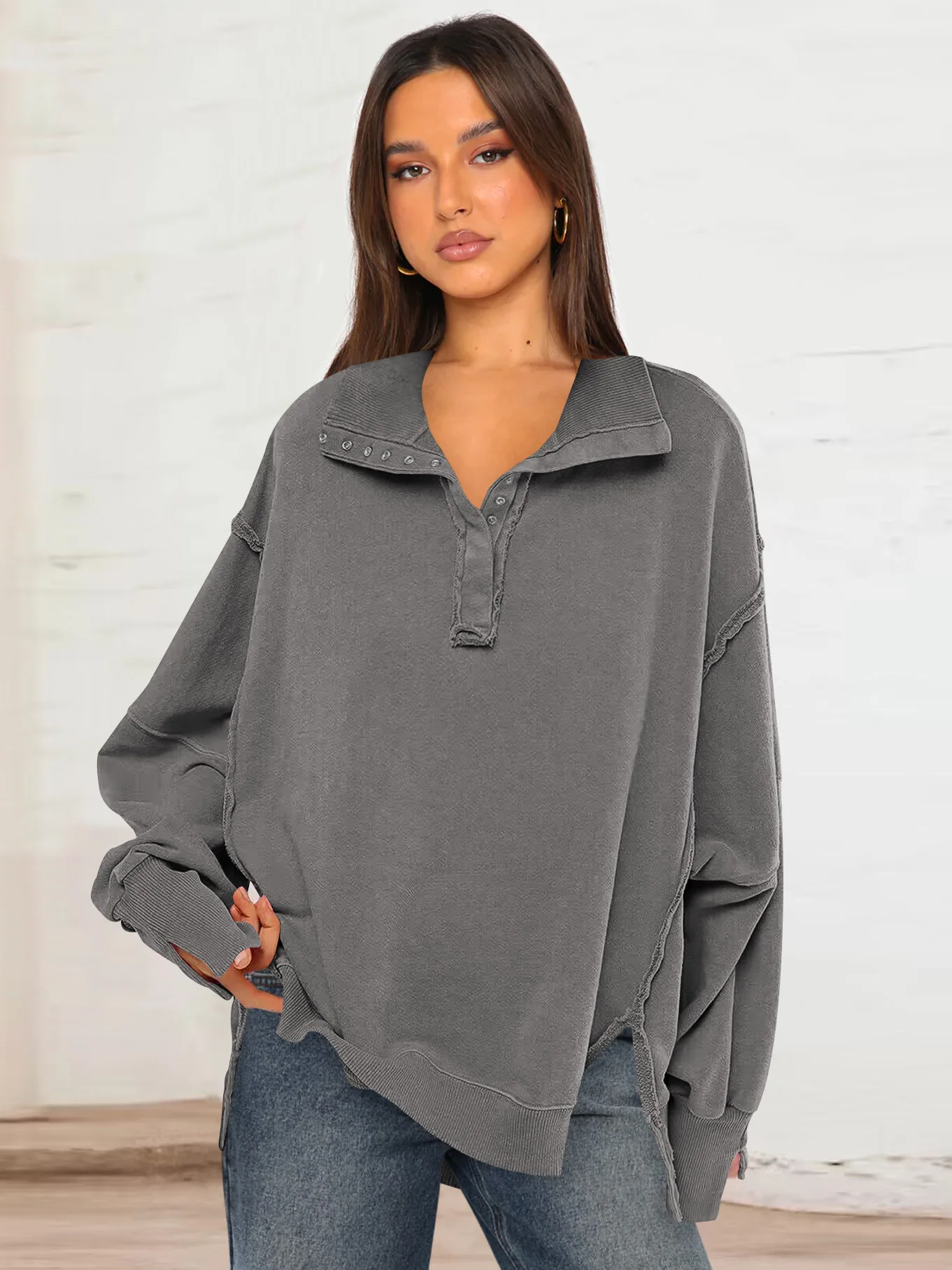 Woman's Autumn Solid Color Sweatshirt Fashion Flip Collar Long Sleeves The Hem Is Irregular Hoodie Ladies Elegant Button Tops