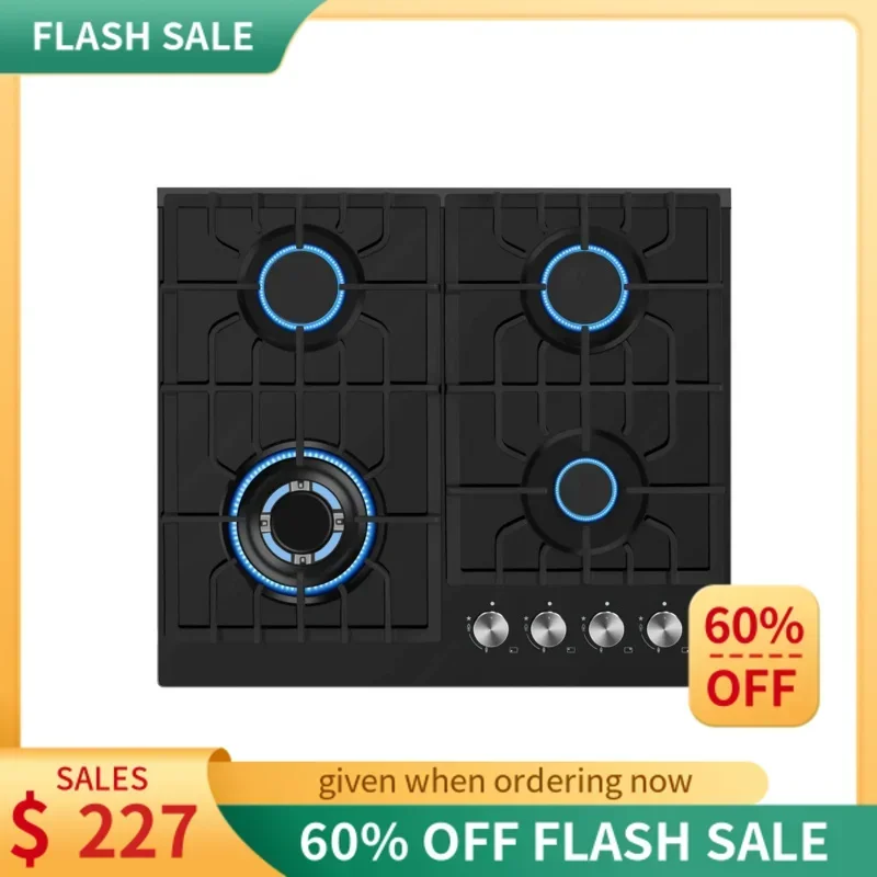 QJ24" Empava Gas Stove Cooktop 4 Italy Sabaf Sealed Burners NG/LPG Convertible Tempered Glass in Black,24 Inch