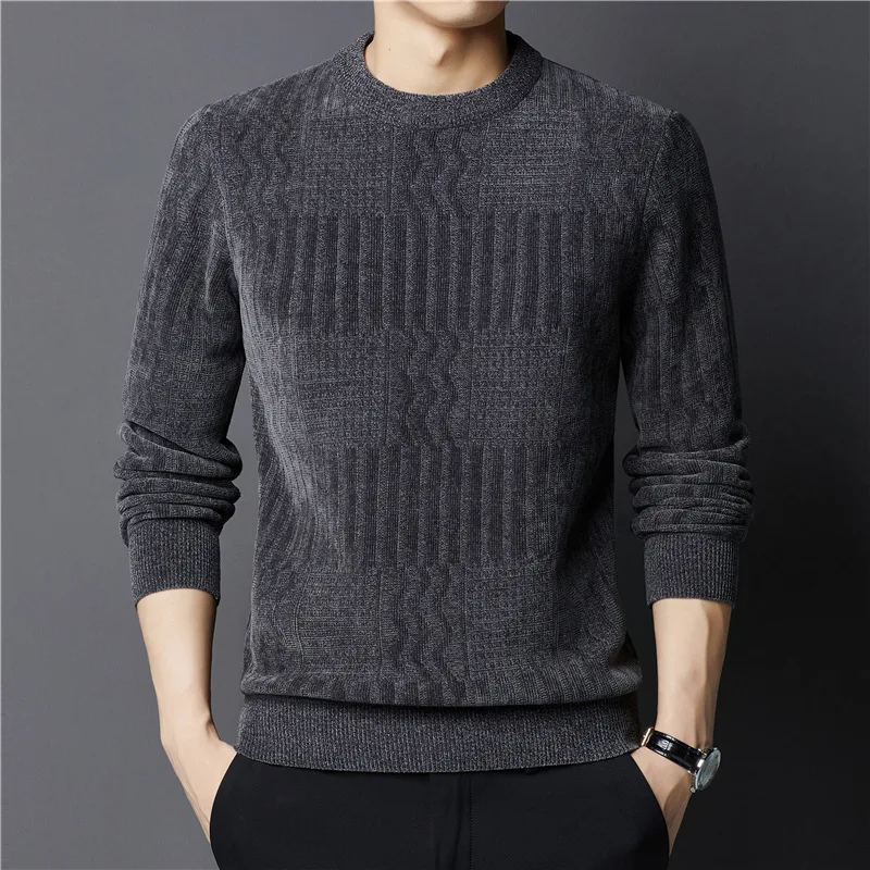 

Autumn Winter Men's Sweater Chenille Thickened Knitwear Youth Round Neck Jacquard Bottoming Sweater Men Pullover Dropshipping