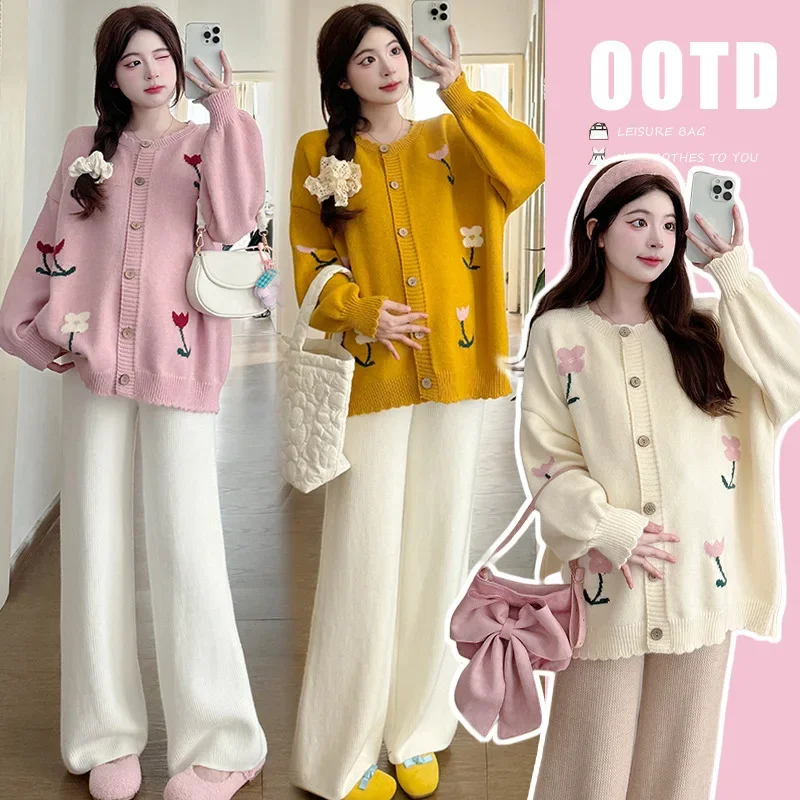 FashionableStylish Floral Age-Reducing Lazy Casual Thickened Sweater Jacket Knitbell Bottoms 2-Piece Set For Pregnant Women