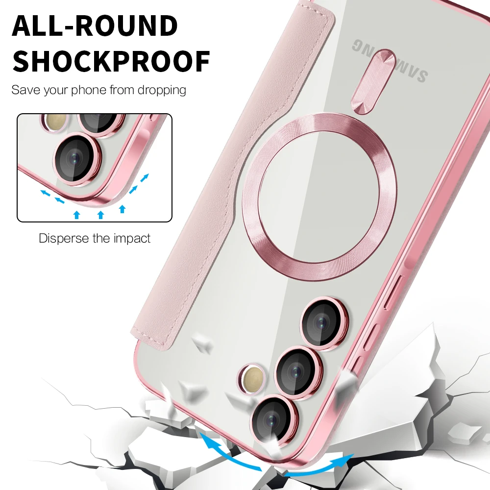 Electroplated Flip Leather Card Case with MagSafe Wireless Charging Protection