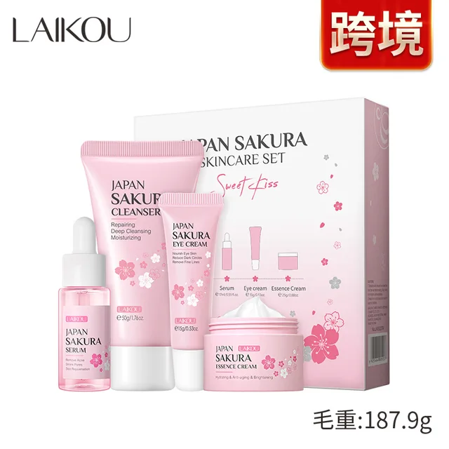 Face Skin Care 4pc Set Sakura Moisturizing Nourishing Serum Oil-Control Cleanser Smooth Face Cream Eye Cream Whitening Face Care 6