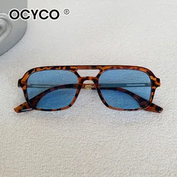 Vintage Square Black Rectangle Metal Frame Sunglasses - Unisex Polygon Cool Shades (Leopard - blue)