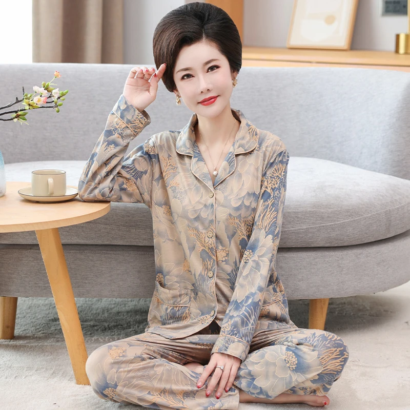 

Big Yards M-4XL floral print pajamas autumn cardigan long-sleeve women pyjamas full cotton female home suit leisure sleep wear