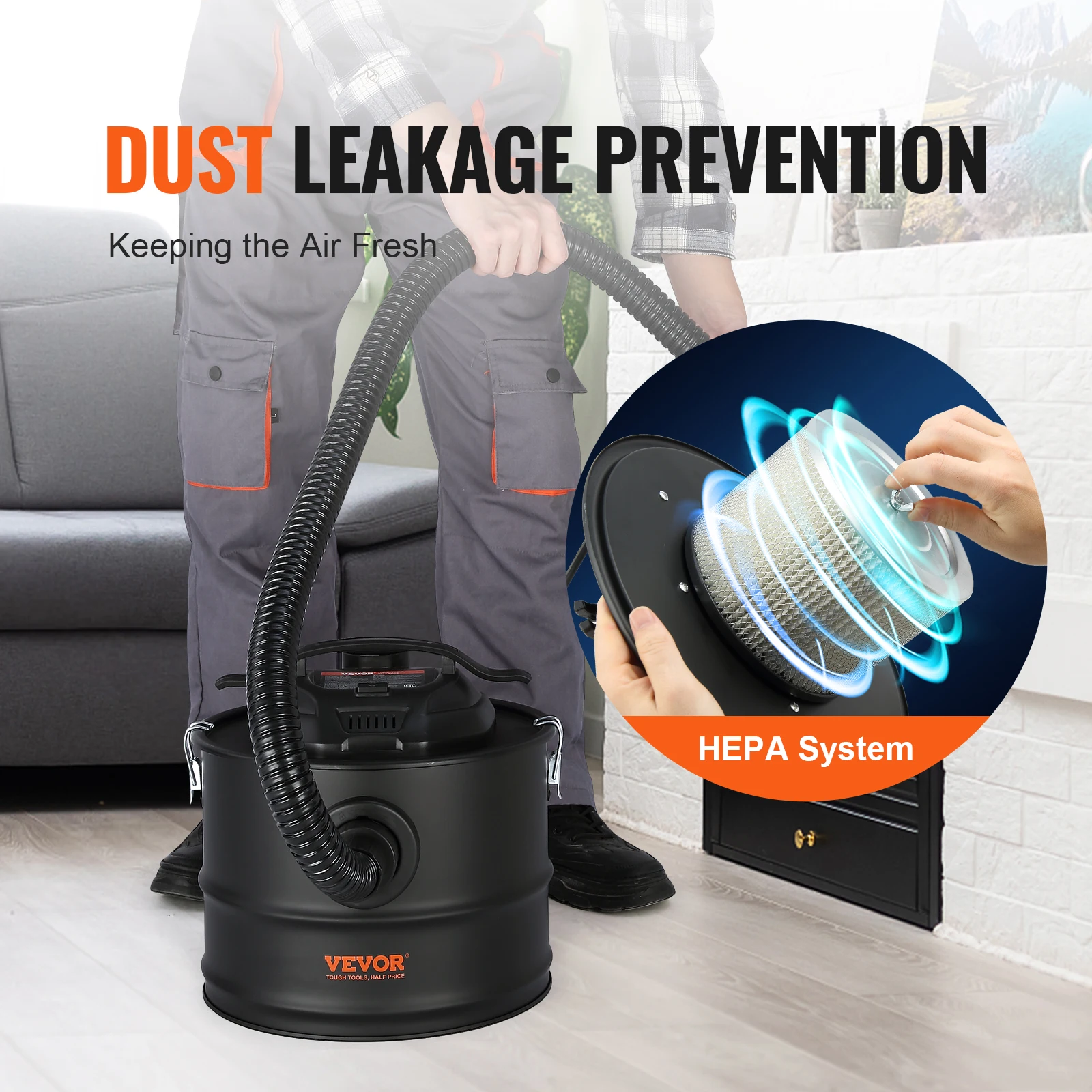 VEVOR Ash Vacuum Cleaner 4 Gallon with 1200W Powerful Suction Ash Vac Collector with 47.2 in Flexible Hose for Fireplaces Grills 4