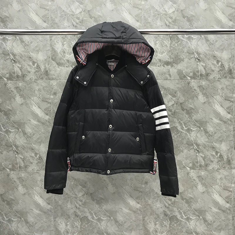 TB 남성 겨울 재킷 다운 재킷, 럭셔리 브랜드 패션, 4 줄 스트라이프 면 후드 코트, 하이 퀄리티 오버코트, 신상