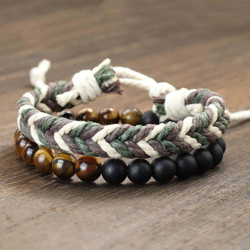 Men Adjustable Cord Chain Lava Tiger Eyes Stone Bracelet