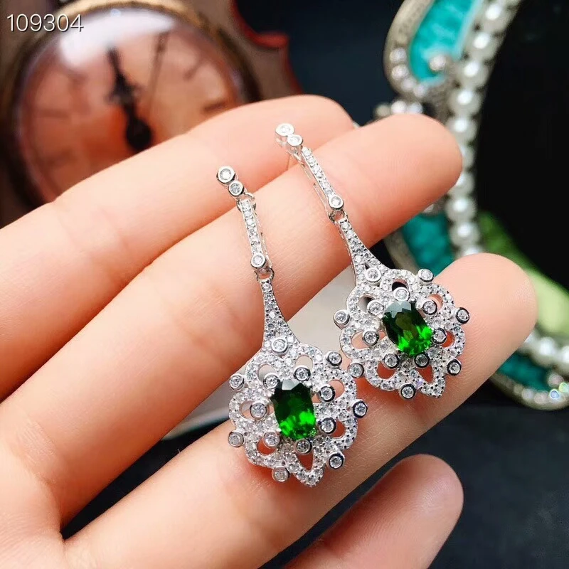 [meibapj]natural Granny Green Diopside Gemstone Drop Flower Earrings