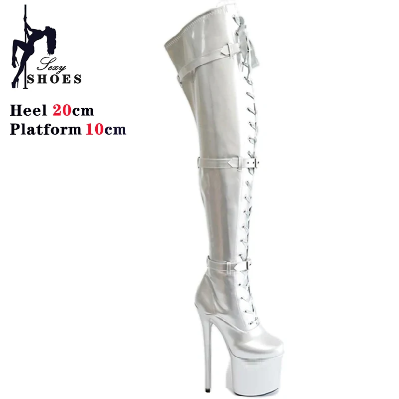 15 17CM 20cm Gold Silvery Over-the-Knee Pole Dance Boots Platform Stripper Heels Women Exotic Dancer Fetish Belt Buckle Shoes