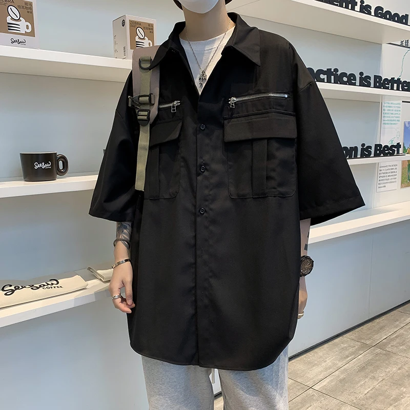 Solid Color Men Shirt Lapel Short Sleeve Button Casual Shirts Streetwear Fashion Korean Style Leisure Men Clothing 2024 B37