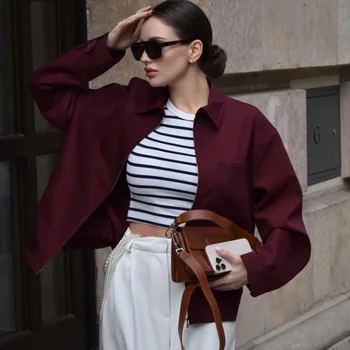 HXAO المرأة سترة الخريف البريدي Bomber جاكيتات ملابس خارجية فضفاضة بورجوندي كم طويل معاطف عادية ديمي الموسم سترة للنساء 2