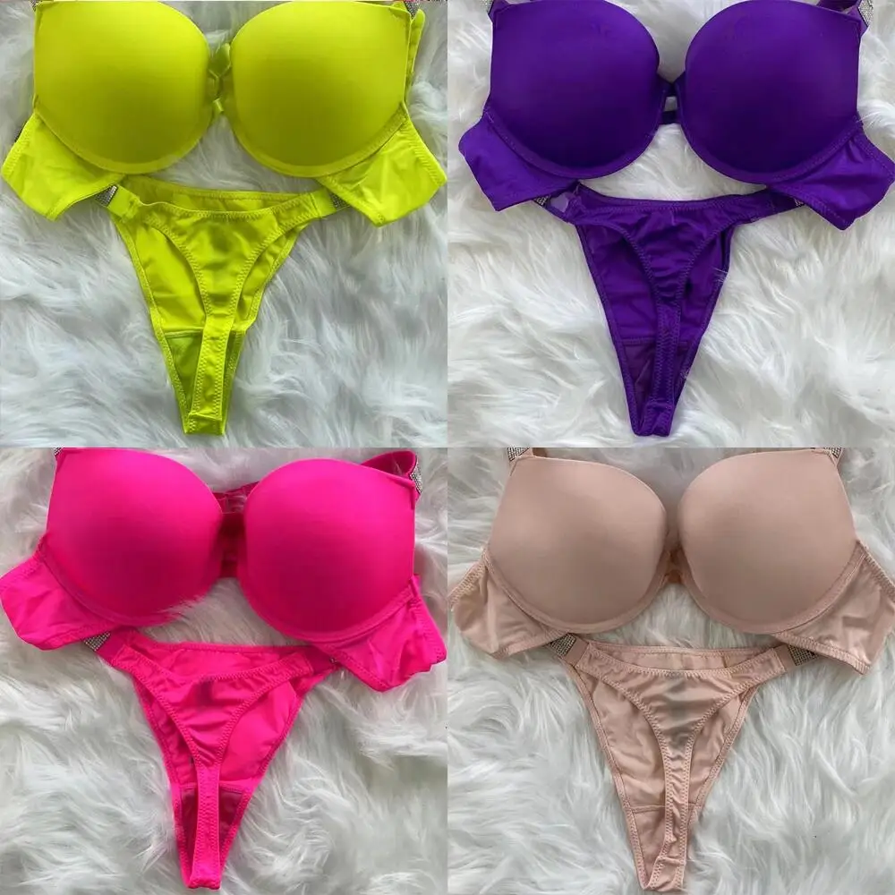 

Pink Sexy Glossy Women Lingerie Set Rhinestone Letter Comfort Push Up Panties Brand 2 Piece Bra Brief Suit Seamless Underwear