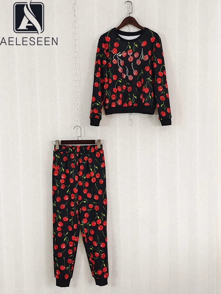 

AELESEEN Sicilian Autumn Winter Women Set Designer Fashion Cherry Print Beading Hoodies + Lantern Pants Casaul Holiday Set