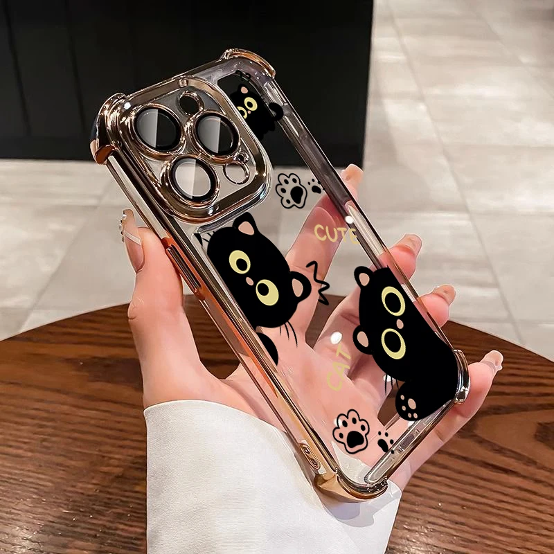 Fashion Plating Cartoon Black Cat Clear TPU Anti-Fall Phone Case