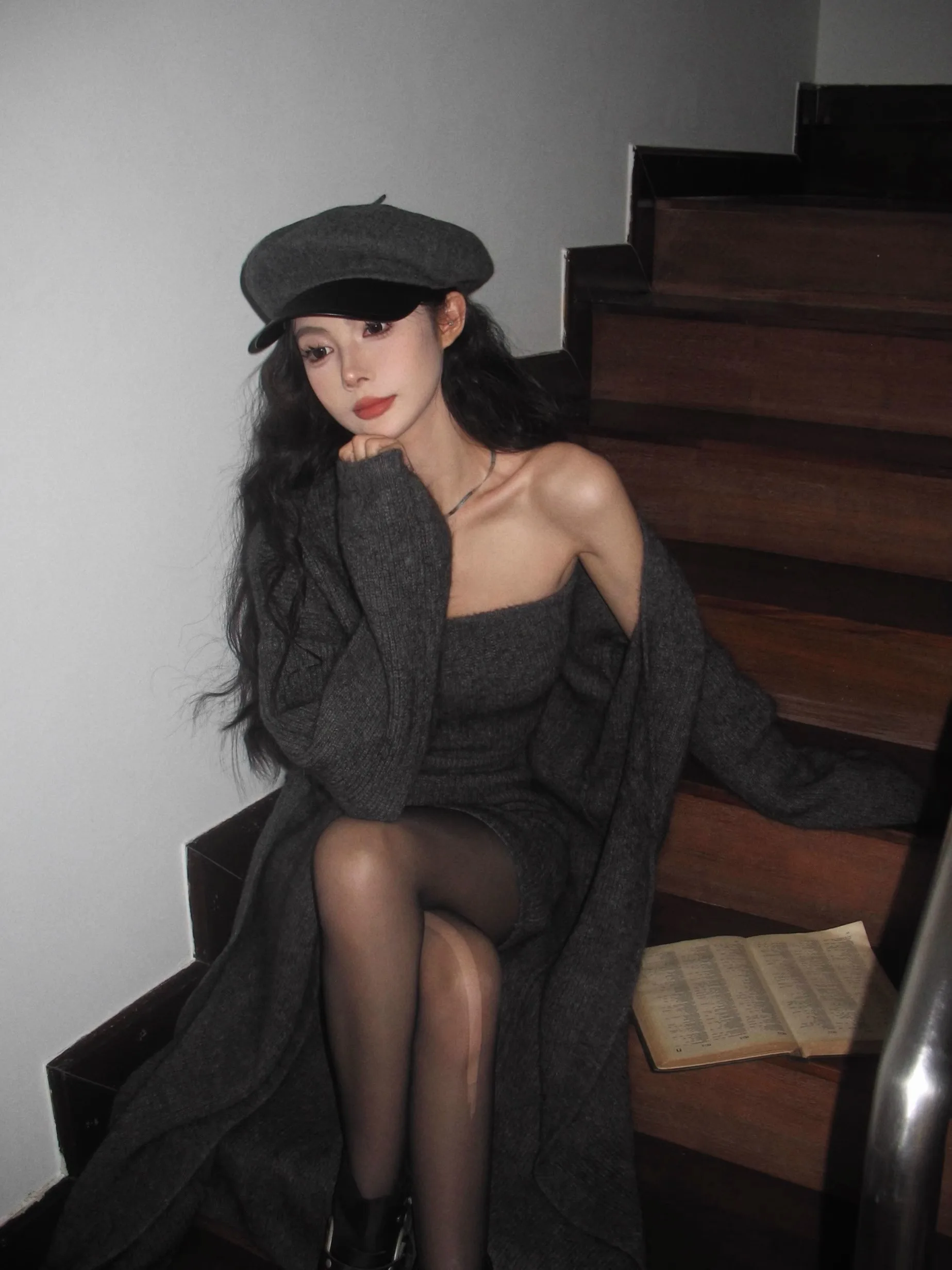 Autumn Winter New Knitted 3-piece Skirt Set Women Solid Long Cardigan Strapless Crop Top Mini Skirt Y2K Korean Chic Knitwear New