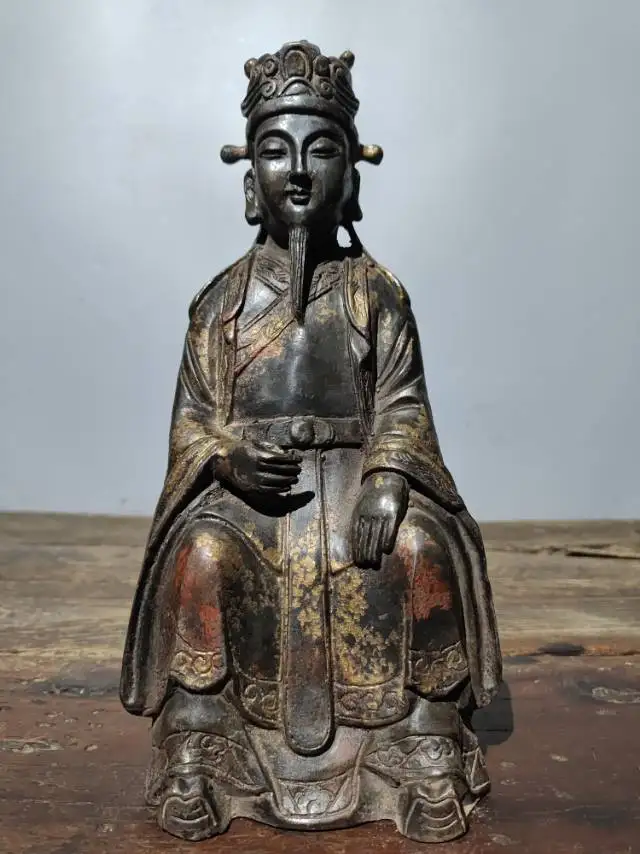 

10"Tibet Temple Collection Old Bronze Cinnabar Mud gold Kitchen God God of Food immortal Worship Hall Town house