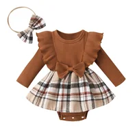 Infant Girl Rompers Dress Plaid Rib Knit Ruffles Long Sleeve Skirt Hem Jumpsuits Newborn Clothes Baby Bodysuits with Headband 1