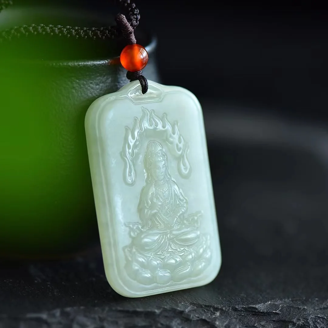

Exquisite Hetian Jade New Baopingan Guanyin Brand Double-sided Carved Back Zen Pendant Jewelry 1447#