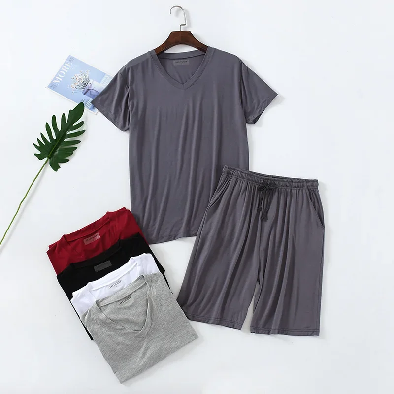 Mens Summer Pijamas Modal Plus Size 4xl Short Sleeve Shorts Thin V-neck Pullover Tops Loose Shorts Pajamas Set