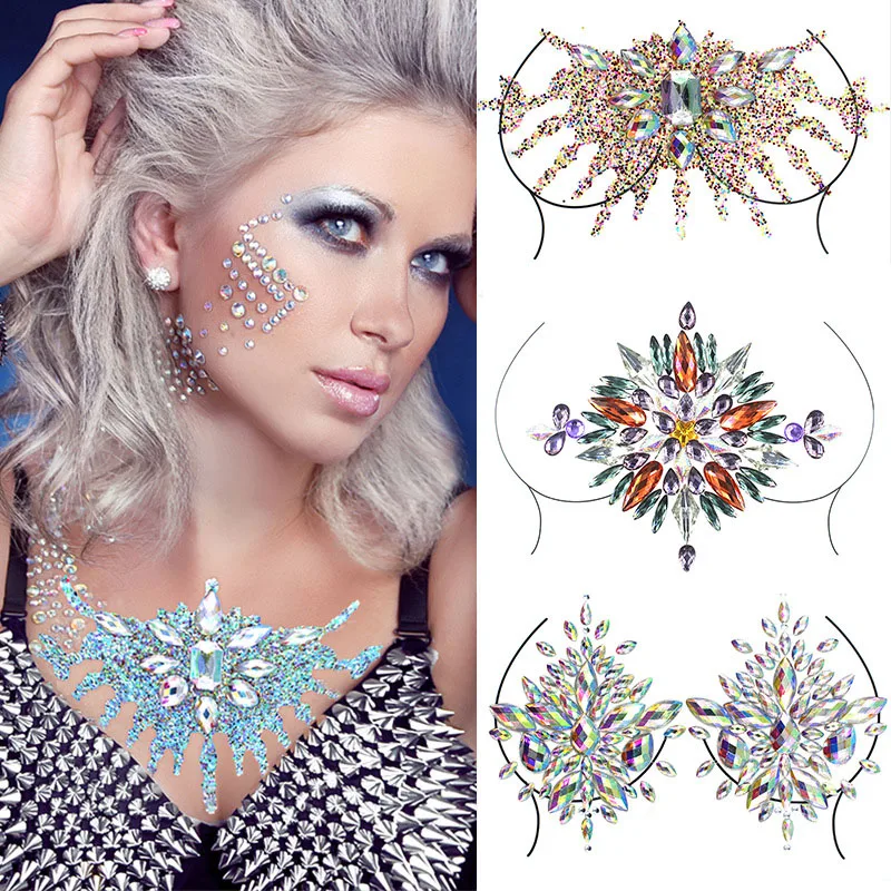 Sexy Chest Crystal Tattoo Sticker Carnival Party Bar Music Festival Acrylic Resin Rhinestone Body Decoration Tattoos Sticke