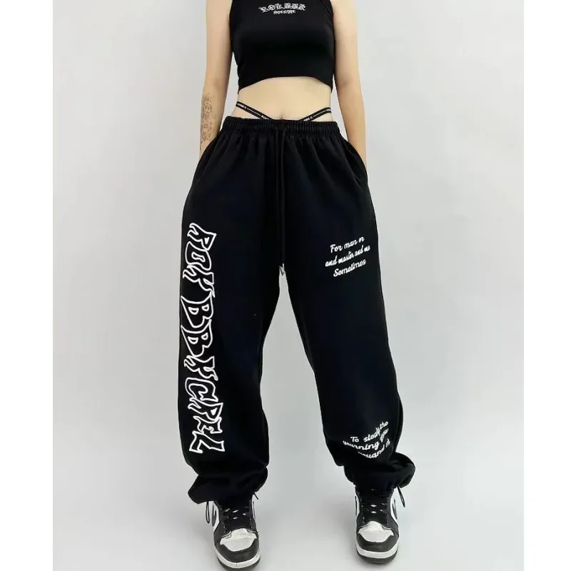 European American Style Sweatpants Women Street Dance Personality Y2K Pants Letter Print Drawstring Design Woman Trousers