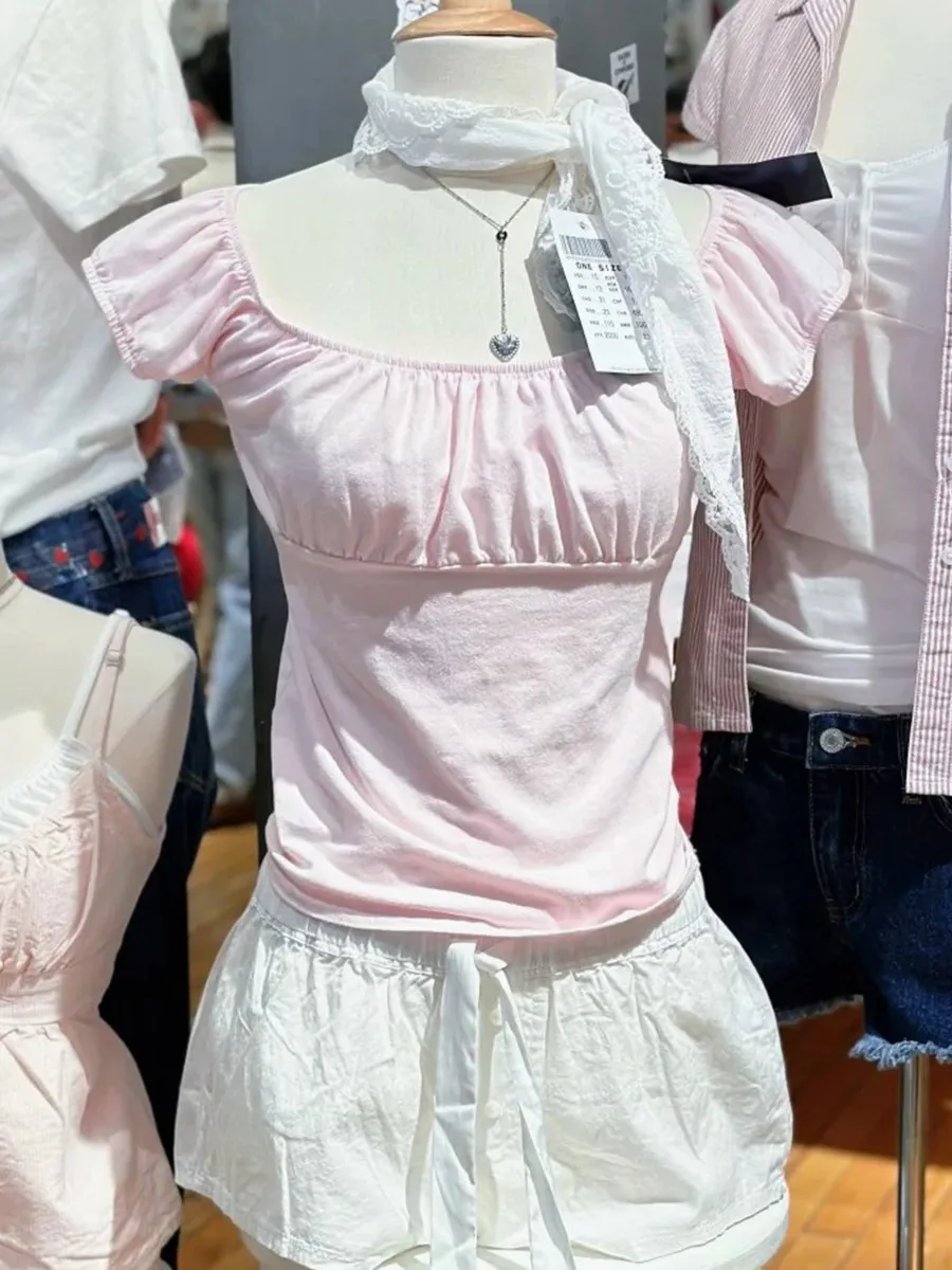 Pink Ruffle Slim Short Sleeve Tee Women Summer Square Collar Cotton Mesh Folds T-shirts Female Aesthetic Sweet Cute Y2K Tops New 1