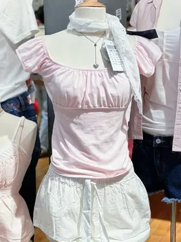 Pink Ruffle Slim Short Sleeve Tee Women Summer Square Collar Cotton Mesh Folds T-shirts Female Aesthetic Sweet Cute Y2K Tops New 1