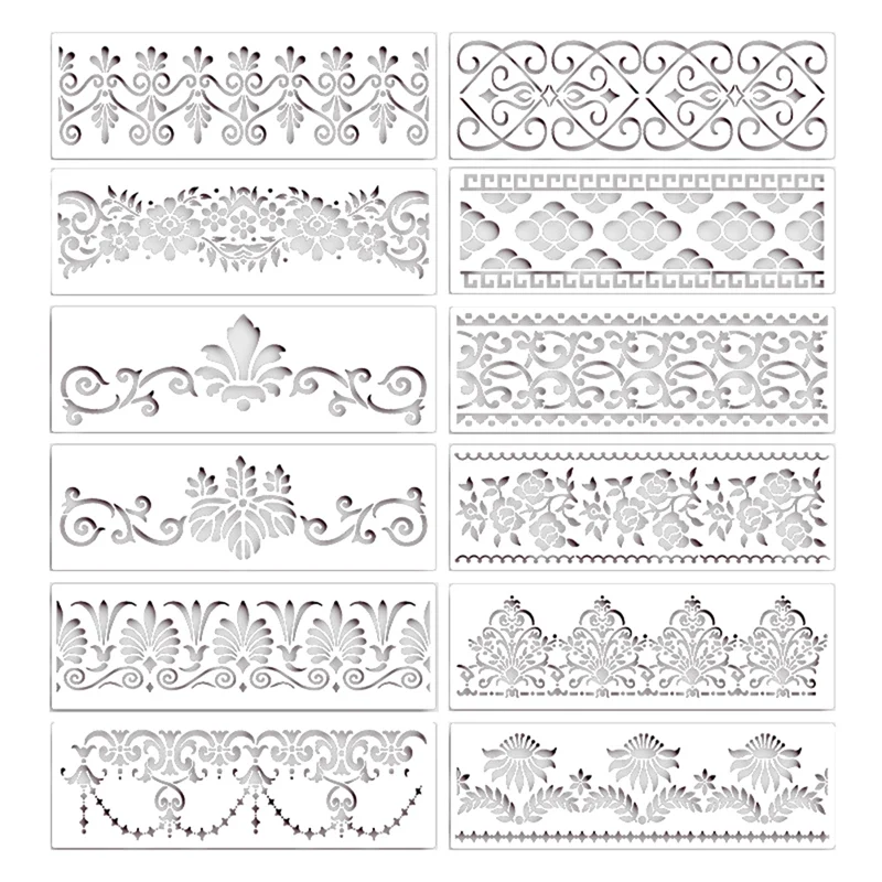 

12Pcs Flower Border Stencils Mandala Stencils Reusable Cut Painting Templates For DIY Craft Stencils, 12 X 3.9 Inch