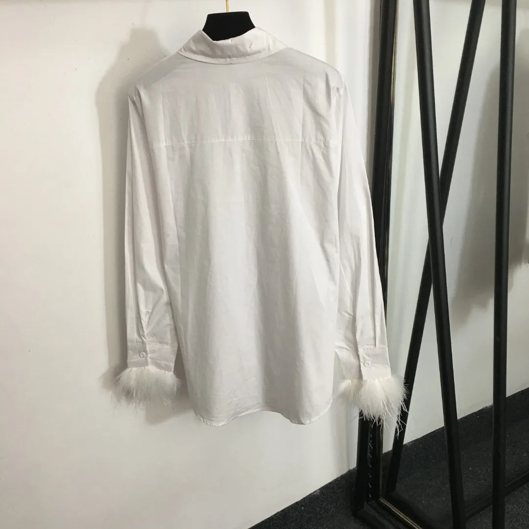 

2024 New All-Match Spring/Summer Triangle Pocket Feathered Cuff Temperament Long Sleeve Cotton Shirt, White, Black,