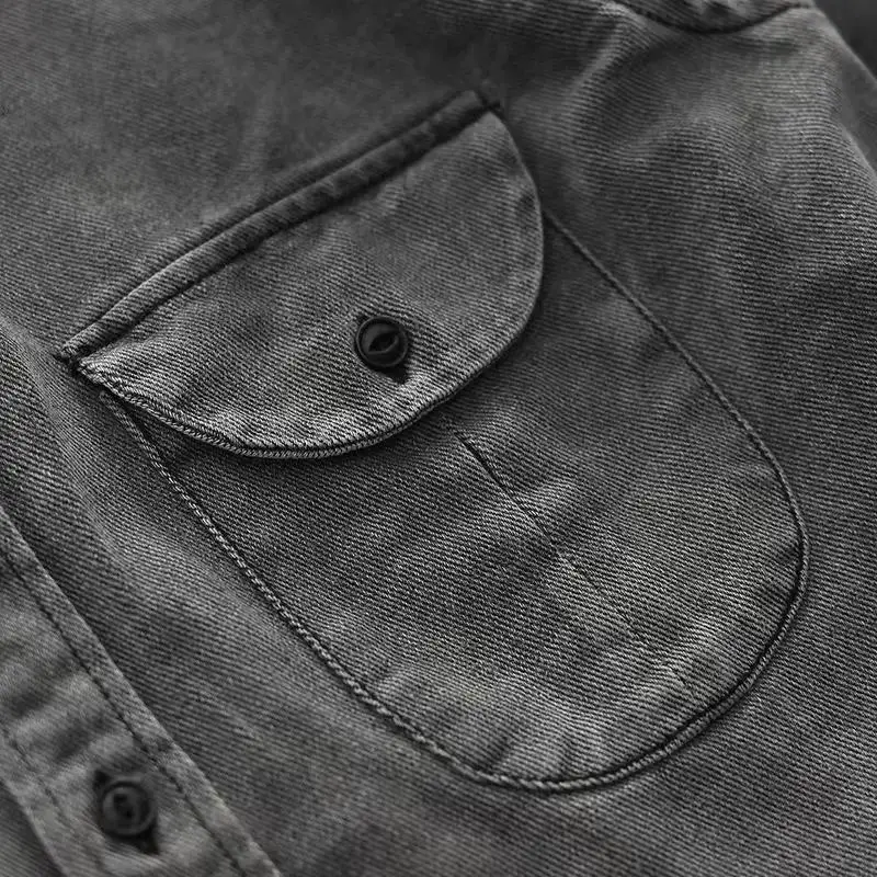 American Retro Graphite Washing Denim Shirt Long Sleeve Men Autumn Trendy Loose Work Shirt Jacket Handsome