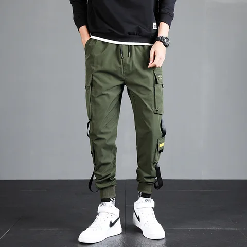 Ribbons Harem Joggers Men Cargo Pants Fashion Drawstring Trousers Streetwear Hip Hop Casual Pockets Track Pants