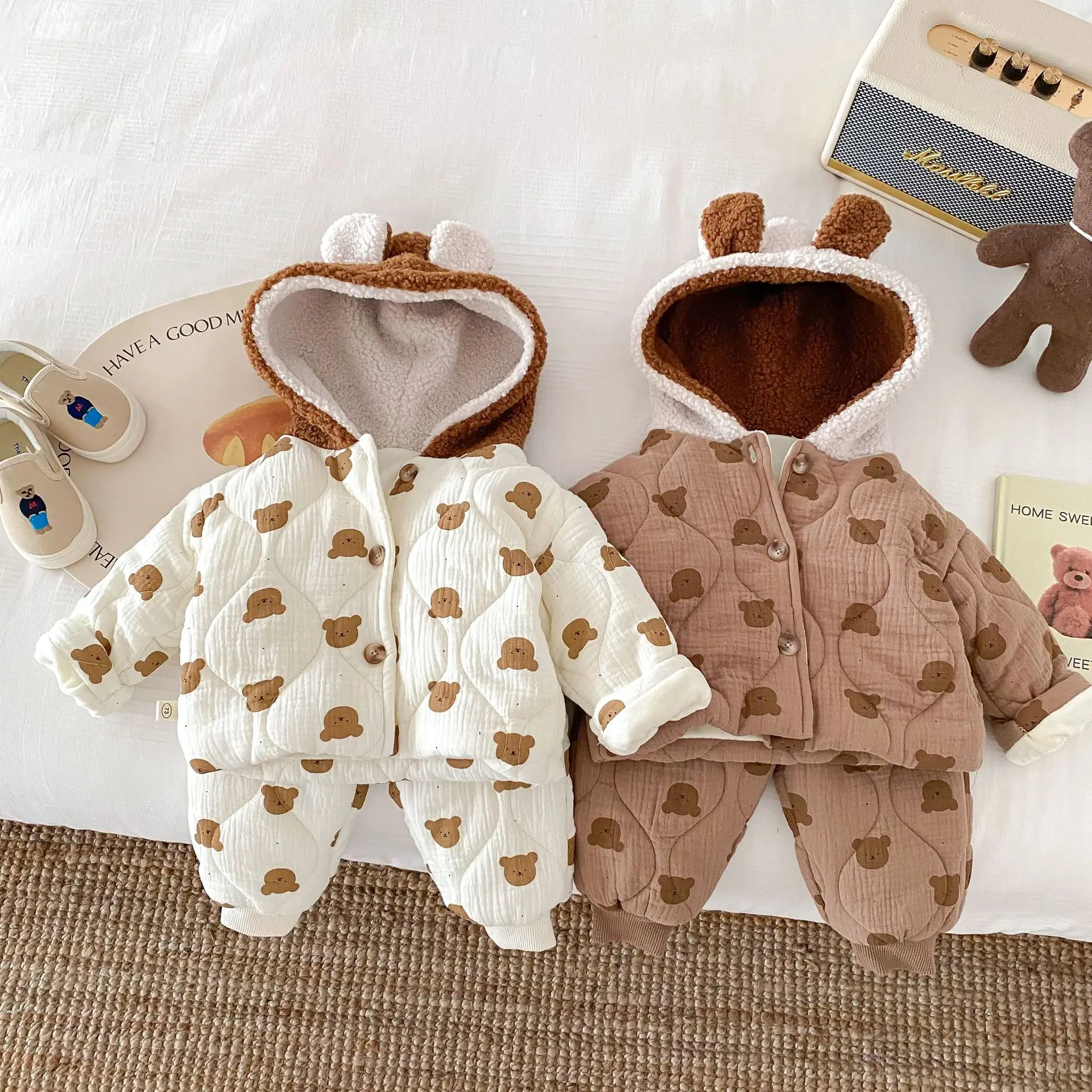 

2023 Winter Baby Clothing Sets Cartoon Bear Infant Boys Girls Fleece Padded Hooded Coat+Warm Pants 2Pcs Kids Casual Suit