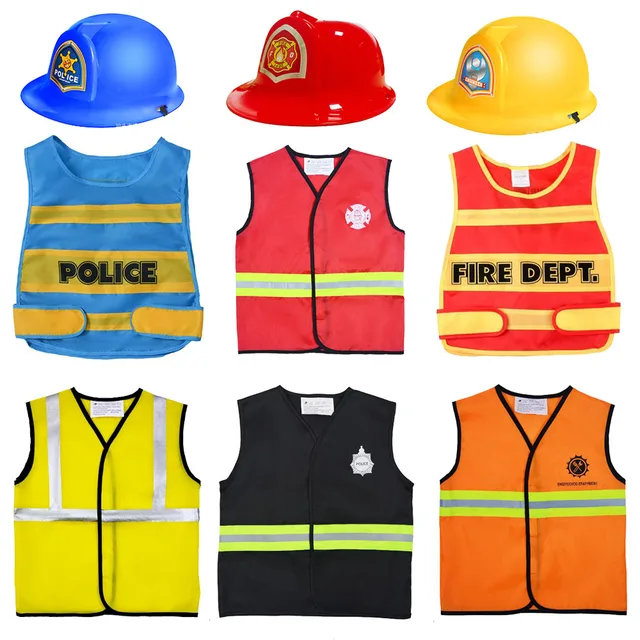 Gilet de jeu de rôle d'anniversaire pour enfants, Costume de pompier, policier, travailleur de la Construction, accessoires de chapeau, décorations de fête à thème Cosplay 1