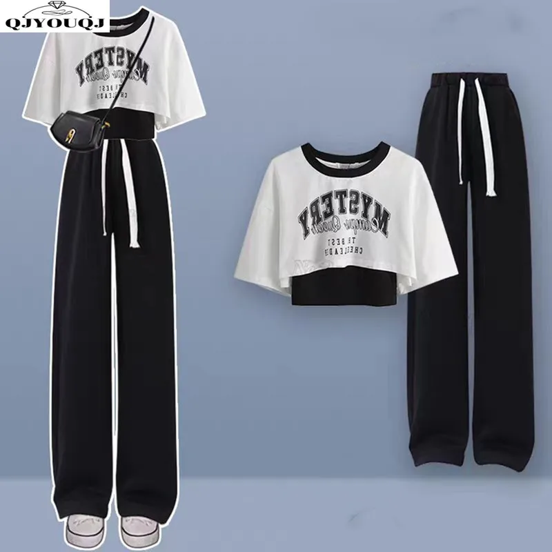 2024 Summer Korean Version Spicy Girl Short Sleeved T-shirt+suspender+casual Wide Leg Pants Three Piece Set