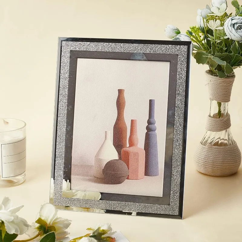 1pcs Glass Picture Frame Glitter Silver Bling Crystal Poster Frame Crushed Diamond Photo Moulding 9 Inch Wide photo frame