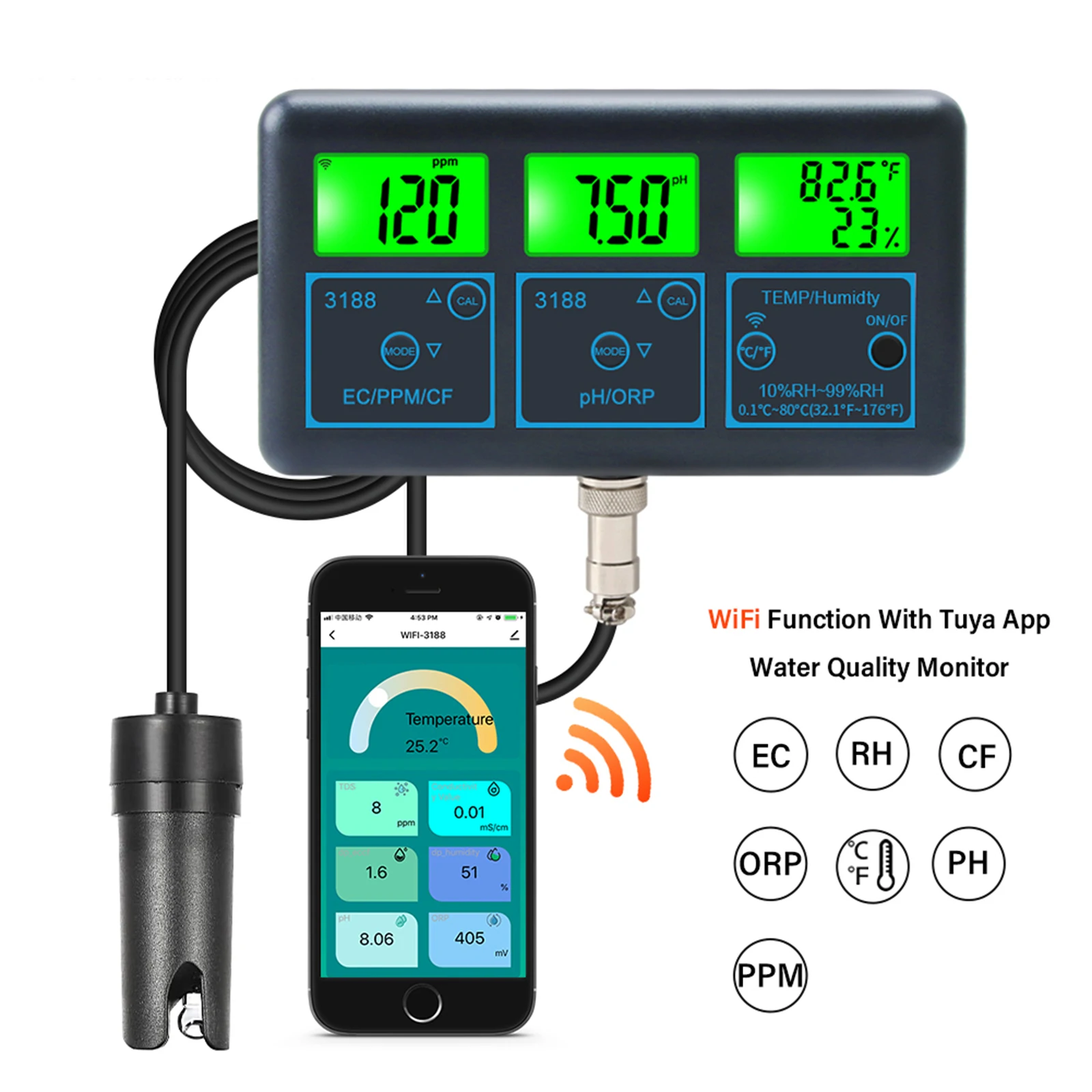

Цифровой Wi-Fi PH/ORP/TDS/EC/CF/измеритель температуры/влажности тестер качества воды 7 в 1 Многофункциональный умный монитор вилка US/EU