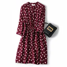 

100% Natural Silk Thin Dress Summer Knee-Length Bohemian Knee-Length DOT Dress for Women Three Quarter Sleeve