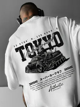 Men's short-sleeved t-shirt, printed with racing cars English graphics loose fit fashionable casual round neck top spring summer 1
