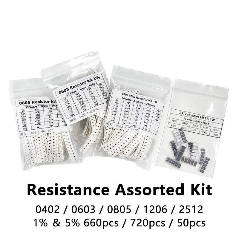 50-4000Pcs Set of Resistors 0603 0805 1206 1210 0402 SMD Resistor Assorted Kit 1R-1M 1% 33 Values X 20PCS  660Pcs Sample