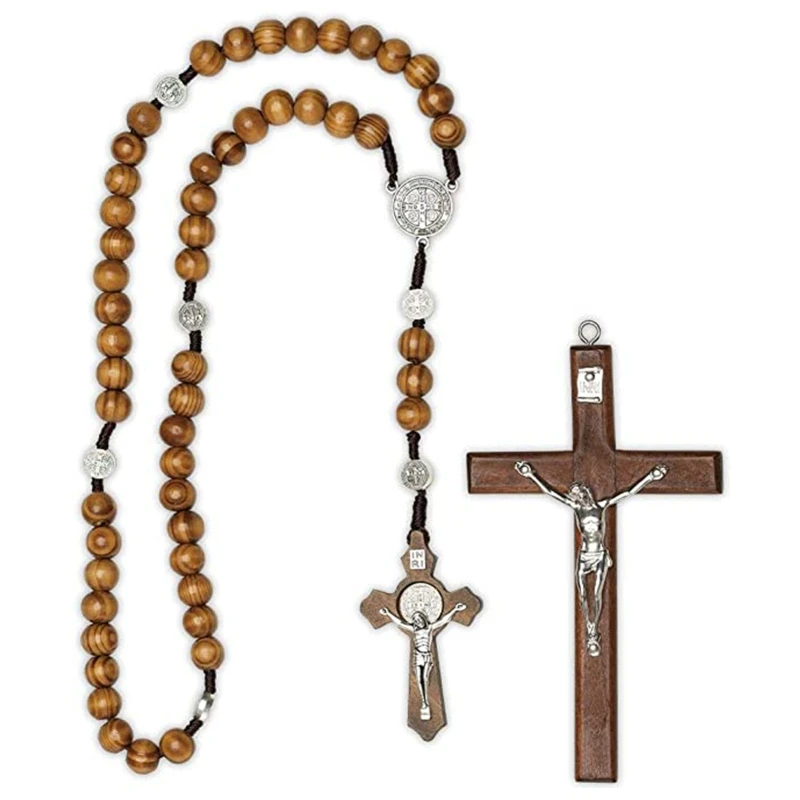 

Wooden Rosary Beads Catholic for Cross Necklace with Jesus for Cross Pendant Set for Women Men Baby Shower Party Gift Drop ship