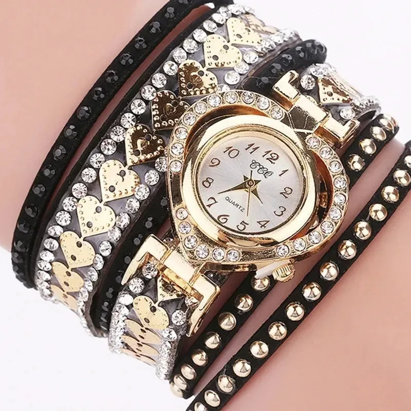 Long Strap Leather Watch Women Vintage Rhinestone Dress Watch Ladies Heart Dial Shiny Bracelet Wristwatch Clock Gifts