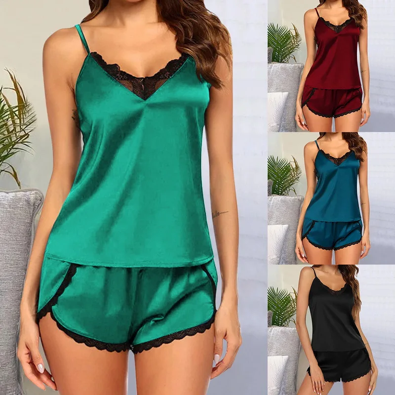 

Women's Pajama Set Lace V-neck Top and Shorts Sexy Suit Short Sleepwear 2pcs Underwire Bra and Panty Nightgowns Home Wear