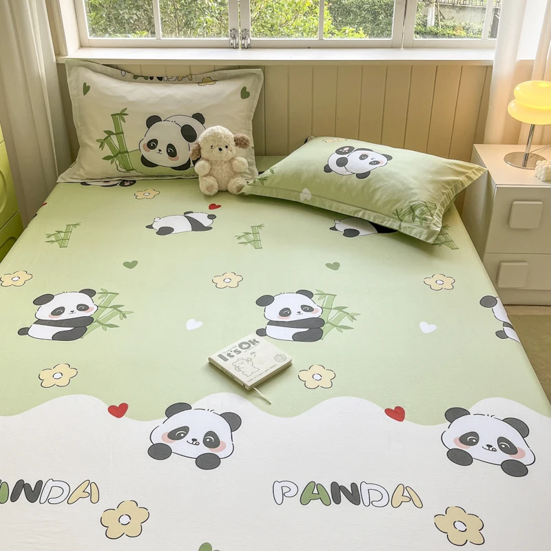 Kawaii Cartoon Panda Fitted Sheet,Bamboo Floral Wild Animals Bed Sheet Set Cotton Bed Cover with Deep Pocket for Child Kids Room 3