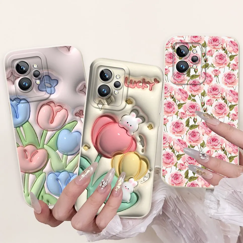 Cartoon Case For Realme GT2 Pro RMX3301 /  Realme GT Neo2 GT 2 Bumper Soft Liquid Silicone Back Cover Flower Luxury Phone Shell 4
