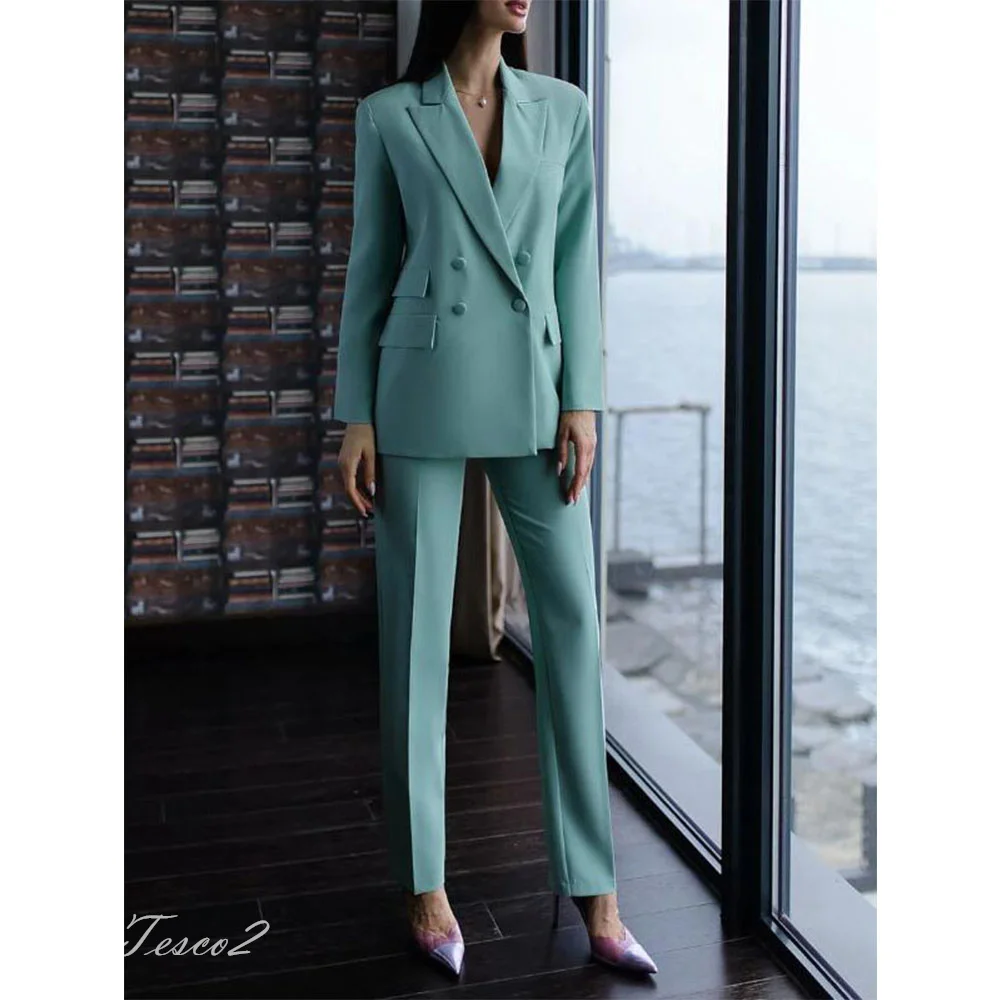 Tesco New Pants Sets For Women Elegant Double Breasted Blazer Trousers 2 Piece Formal Women's Suits For Office Lady Custom Suits