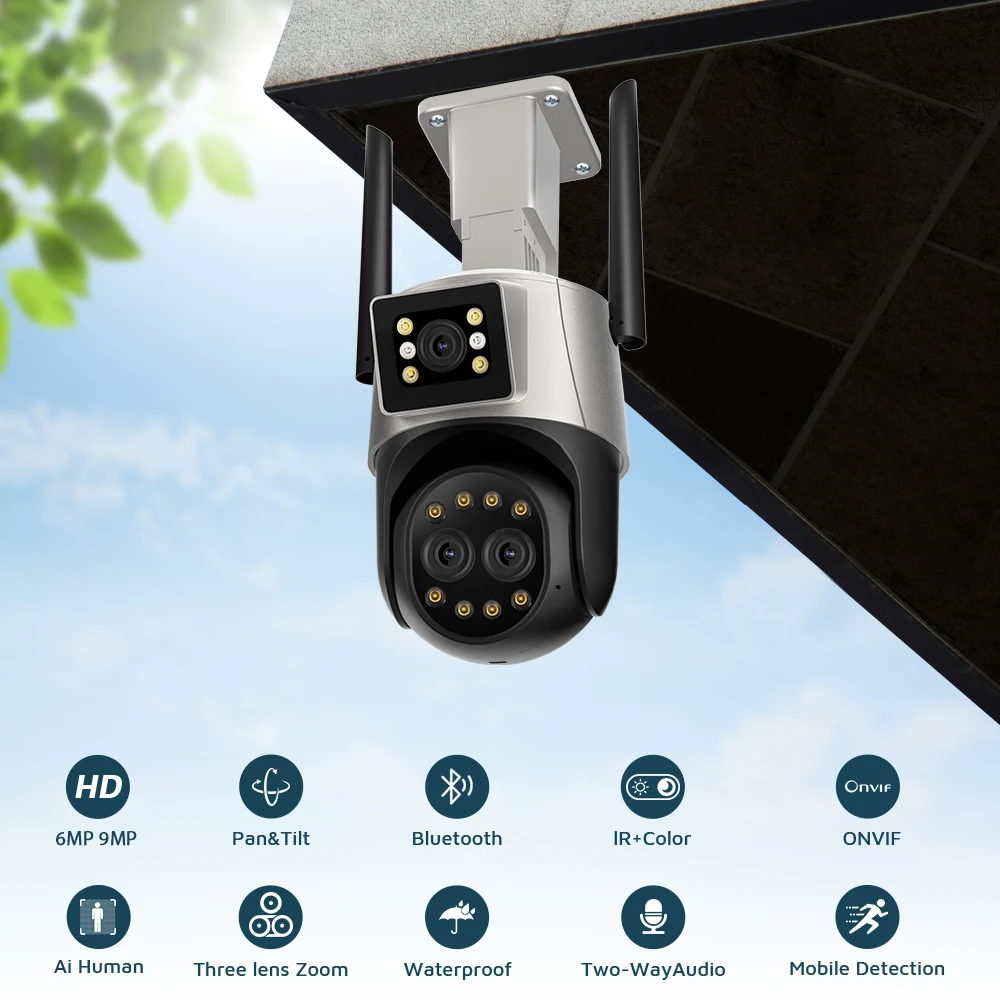 9MP WiFi Camera Outdoor Three Lens Dual Screen 8X Zoom Security Camera 4.5K 8MP Video Surveillance PTZ ICsee Alexa NVR Bluetooth 8 S245d96c32aed49688186404d248238483 9MP WiFi Camera Outdoor Three Lens Dual Screen 8X Zoom Security Camera 4.5K 8MP Video Surveillance PTZ ICsee Alexa NVR Bluetooth