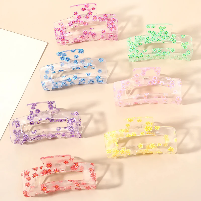 Transparent flower Print Square Hair Claws Acrylic Hair Clip Geometric Hairpins Ponytail Clip Crabs Hair Accessories for Women transparent gems container square gem box gemstone display holder case acrylic glass loose diamond storage organizer showcase