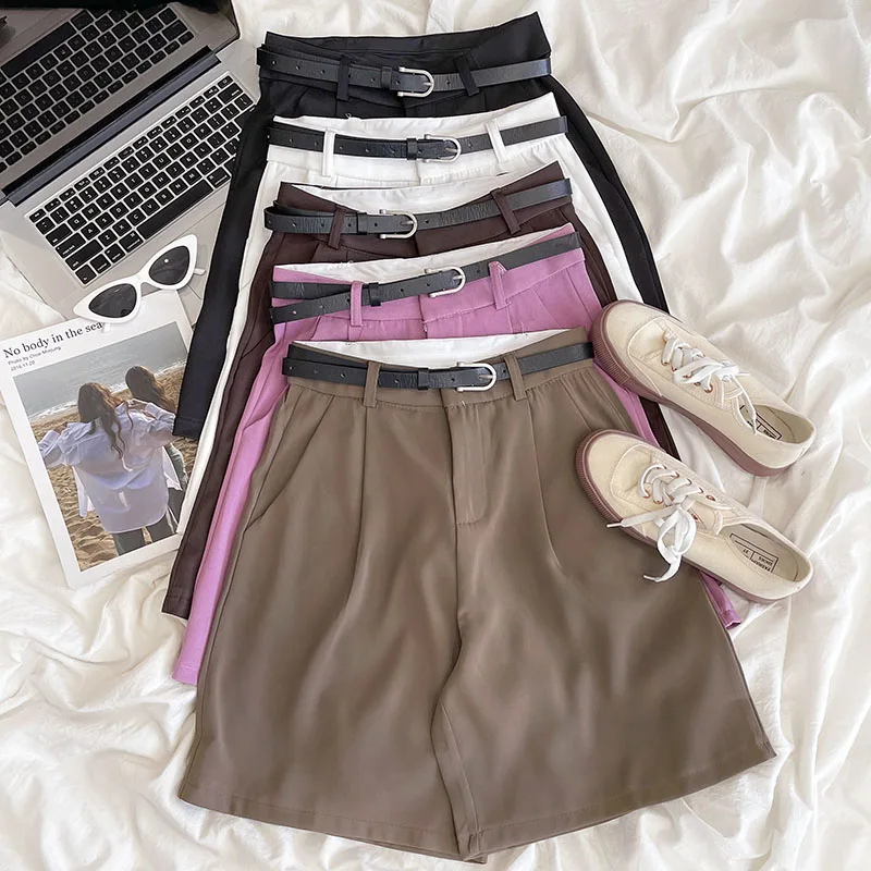 

Temperament retro solid color high waist thin casual five-point suit shorts