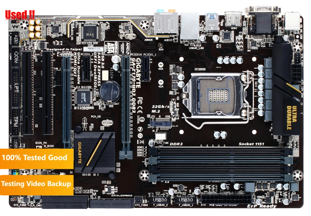 Used Gigabyte Motherboard Gaz170hd3 Ddr3 Has 4 Ddr3 / Ddr3l Slots And
