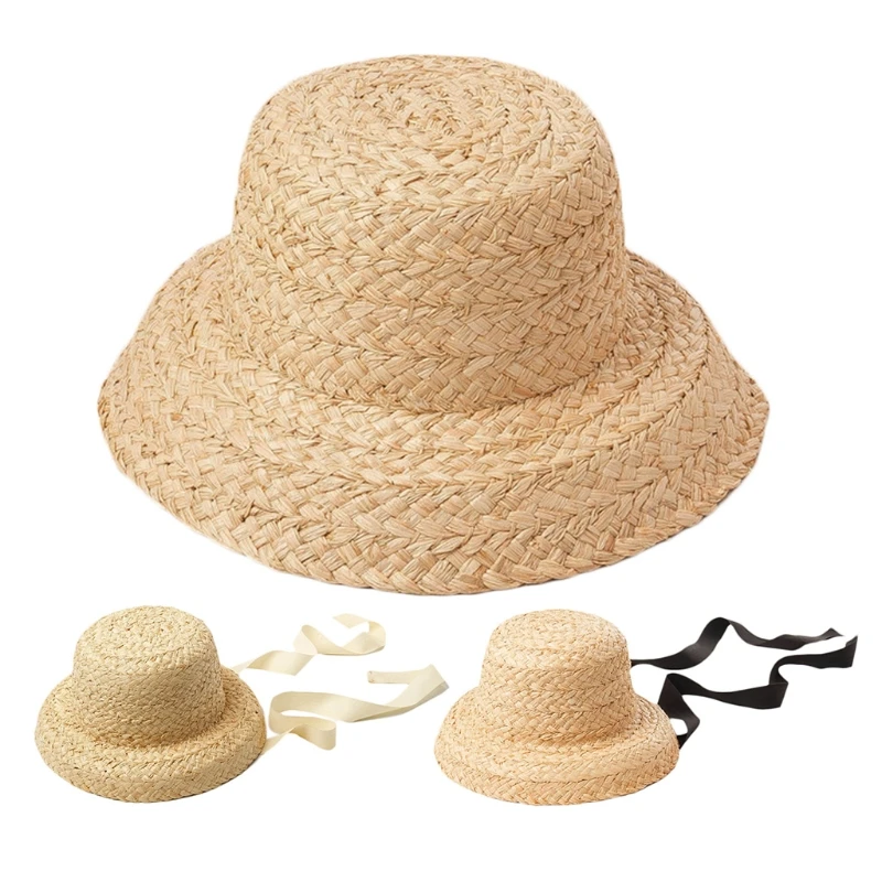 

Toddler Kids Handwoven Straw for Sun Hat Wide Brim UV for Protection Ribbon Beac